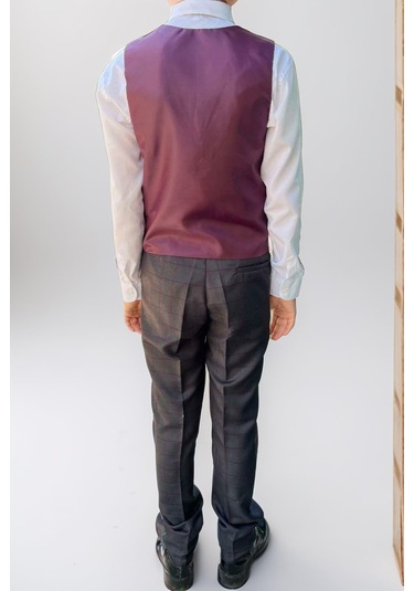 Riccotarz Erkek Çocuk Cepken Yelekli Ekose Desenli Mürdüm Çizgi Detaylı Takım Elbise 10-14 Yaş Mürdüm