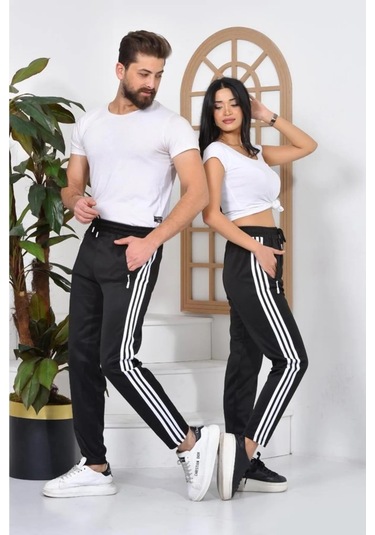 Maki Home 3 Şeritli Scuba Kumaş Kadın Erkek Siyah Eşofman Altı Siyah