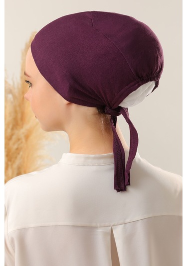 Kadın Tesettür Dikişli Set Bone Mor 3 Adet Bağlamalı Penye Bone Mor