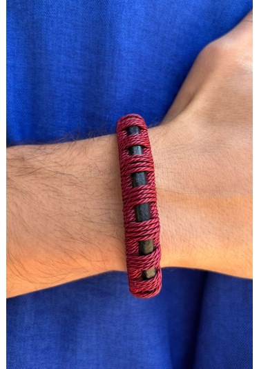 Kırmızı Desenli El İşçiliği İle Üretilmiş Hakiki Deri Erkek Bileklik Kırmızı