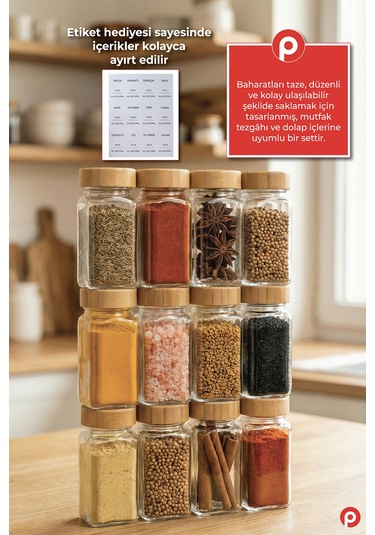 12'li Bambu Kapaklı Kare Cam Baharatlık Takımı - 120 Ml - Hediyeli Baharat Seti Şeffaf