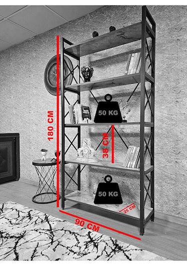 Siyah Boyalı Kitaplık - 5 Raflı Suntalem Lüks Kitaplık Luanda Gol Çok Renkli