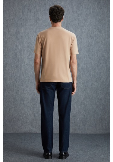 Solo Erkek %100 Organik Pamuklu Kalın Dokulu Comfort Fit Bisiklet Yakalı Bej T-shirt