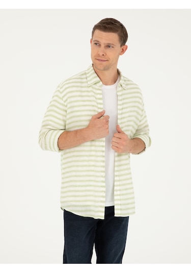 Cacharel Yeşil Keten Karışımlı Slim Fit Uzun Kollu Gömlek