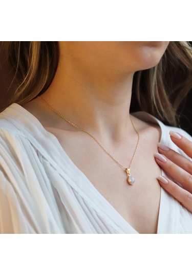 Sedef Doğal Taş Gold Kaplama Gümüş Kolye Gümüş