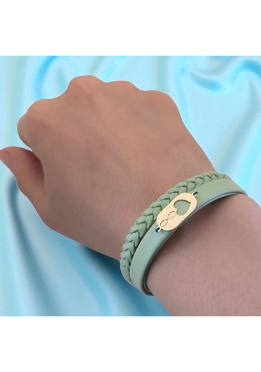 Archin Sonsuz Aşk Temalı Zeytin Yeşili Derili Kalp Motifli 14 Ayar Altın Plakalı Hediye Bileklik-556sembol Sonsuz Aşk