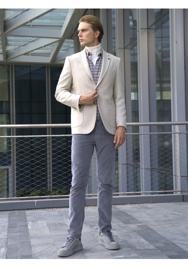 Erkek Yün Ceket Kırçıllı Mono Yaka Torba Cepli Çift Yırtmaç Slim Fit Ceket Ncs Jeans 4005-Taş