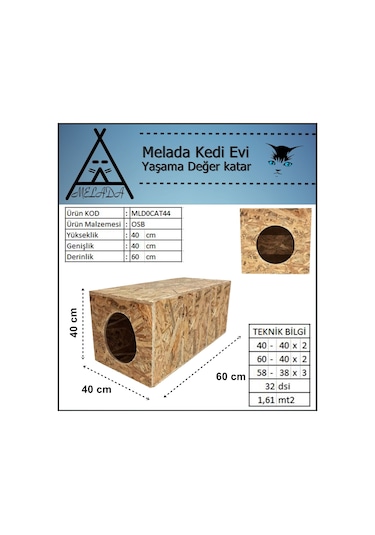 Melada Kedi Evi Dış Ortam Uygun Ahşap Kedi Evi Osb 60x40x40 Cm