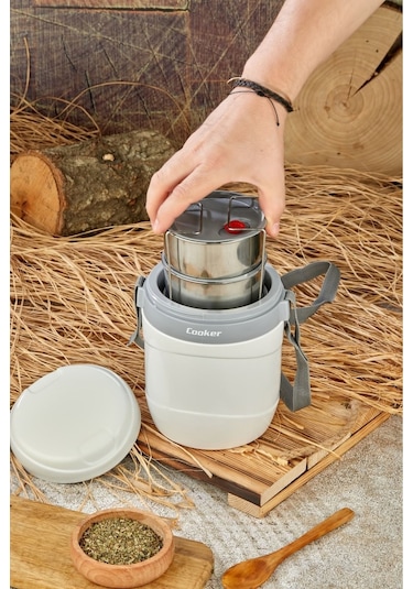 Cooker 3146 Gri Lüx 1,2 Litre Çelik Hazneli 3'lü Yemek Termosu