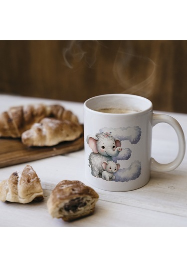 E Harfi Tasarım Bardak, Sevimli Hayvan Temalı Harf Bardağı Beyaz