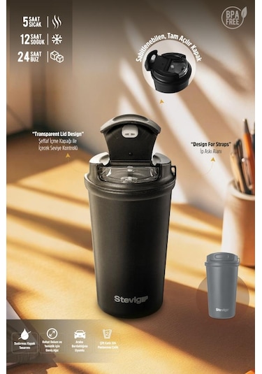 Stevig 4 Work Flip Open Coffee Mug Çelik Termos 400 Ml Grey St-251 Gri