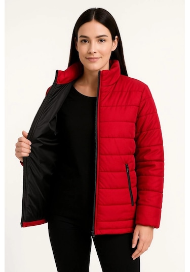 Bomber Mont Ceket Su İtici Kumaş, Kapitone Astarlı, Fermuarlı, Kışlık - Kırmızı Kırmızı