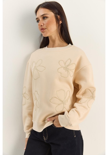Shade Kadın Çiçek Eva Nakış Üç İplik Şardonlu Sweatshirt 60601046 - Bej