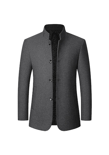Takım Elbise Üstü Dik Yaka Şık Ve Moda Kışlık Erkek Yün Ceket Gri