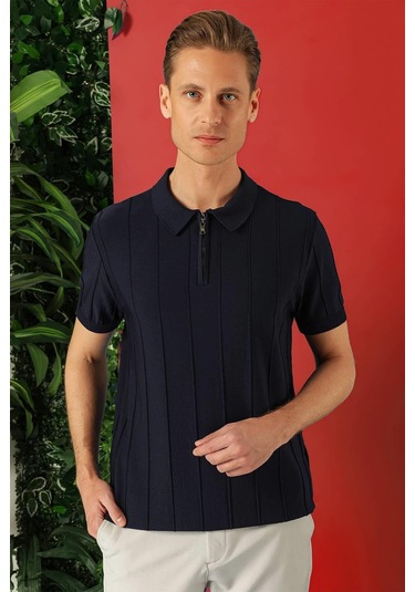 Slim Fit Fermuarlı Polo Yaka Kısa Kol Lacivert Triko Tr 865 Lacivert