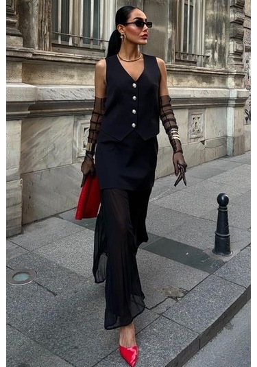 Yelek Ve Pilise Etekli Premium Takım 10096 Si Yah