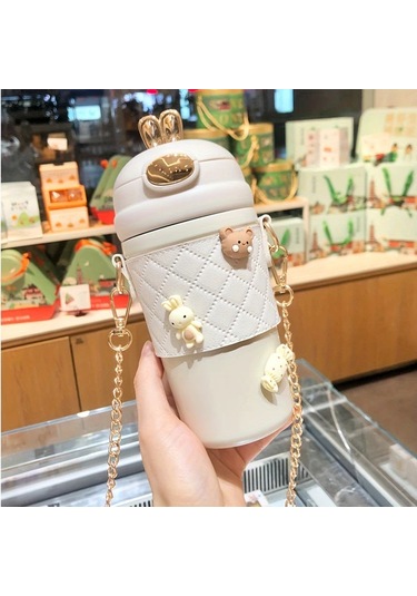 Oldfriend Yalıtımlı 480ml Paslanmaz Çelik Termal Bardak Taşınabilir Pipet Kayışı 4 Adet 3d Çıkartma Beyaz Beyaz Rastgele Verilen 4 Adet 3d Çıkartma