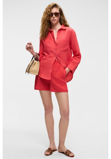 Rea Kadın %100 Pamuk Müslin Kumaş Rahat Kesim Düğmeli Regular Fit Nar Çiçeği Gömlek