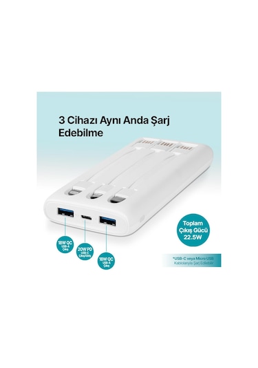 Ttec Powerslim Trio LCD 10.000 MAh PD 22.5 W Dahili Kablolu Taşınabilir Powerbank