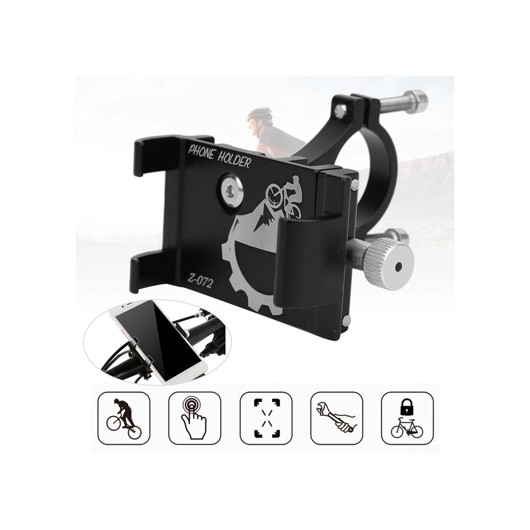 Vkemall Alüminyum Alüminyum Bisiklet Telefon Tutucusu, Motor, Elektrikli Scooter İçin Üç Tırnaklı Gravite Tasarımı, 55-100mm Telefonlar Ve 22.2-31.8mm Saplar İçin Uyumlu, Siyah Siyah