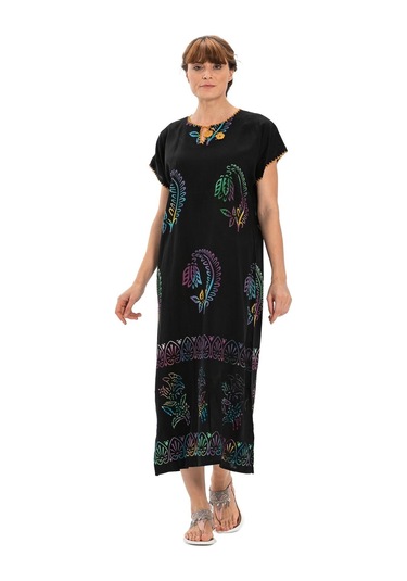 Kısa Kol Pamuk Hitit Uzun Elbise Yaprak Renkli Yprk Renkl-yaprak Renkli Siyah