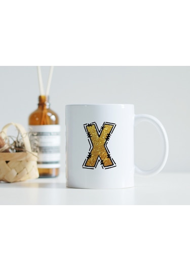 X Harfi Gold Simli Kupa Işıltılı Alfabe Harf Tasarımlı Kahve Kupası - Kişiye Özel Hediye Beyaz