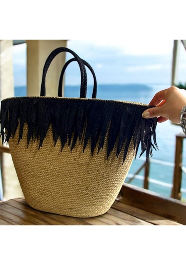 Hasır Çanta, Plaj Çantası, Tasarım Çanta, Siyah Kalın Püsküllü El Çantası Kahverengi - Siyah