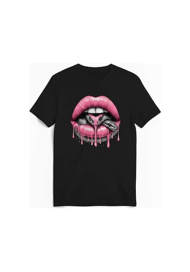 Kadın Beyaz Siyah Yılan Detaylı Dudak Baskılı Regular T-shirt Siyah