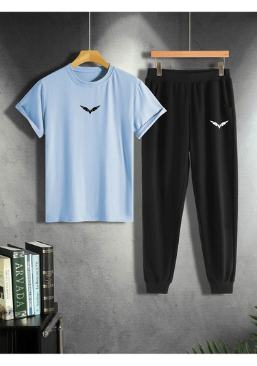 Bebe Mavi T-shirt Siyah Eşofman Altı Jogger - Baskılı Alt Üst Takım Oversize Bisiklet Yaka Bebe Mavisi Siyah