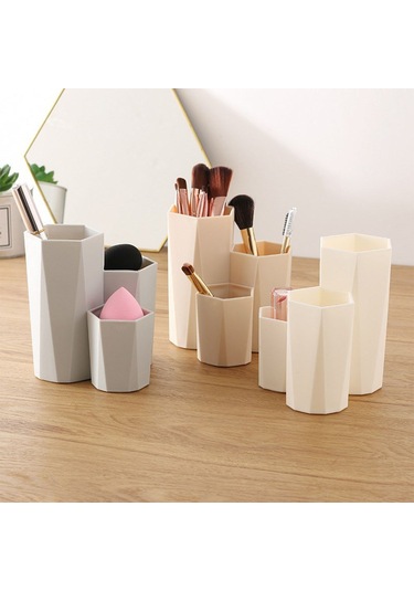 Fosenze Beyaz Üç Borulu Hexagonal Prisma Makyaj Fırçası Ve Kalem Organizer - Ofis, Ev, Banyo Masaüstü Depolama Kutusu Diğer