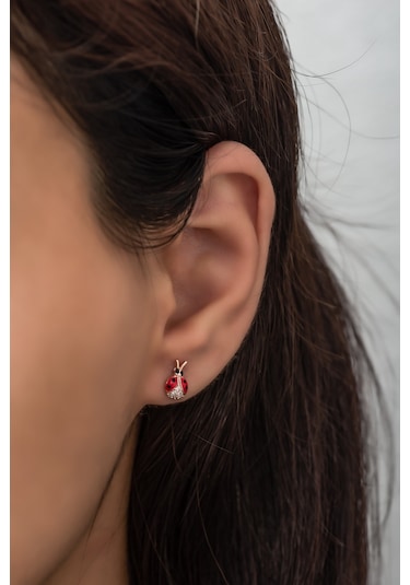 Nereze 925 Ayar Gümüş Minik Kırmızı Mineli Uğur Böceği Küpe
