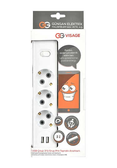 Günsan Elektrik 2 Usb'li 3'lü Çocuk Korumalı Topraklı Anahtarlı Grup Priz 3 Metre - 01351130-303310n11