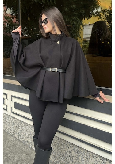 Butik Siyah Kemerli Kaşe Panço