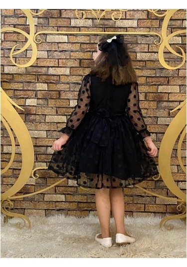 Fiyonk Detaylı Puantiyeli Kurdelalı Tül Elbise - Tül Abiye - Mezu