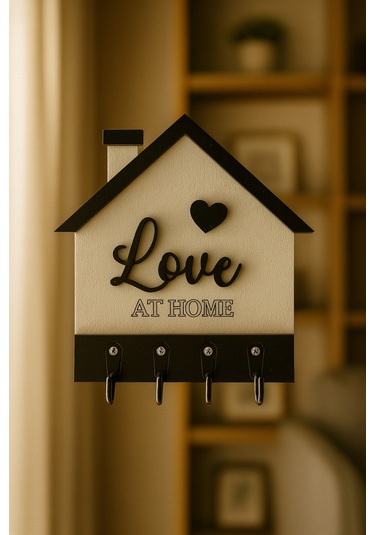 Love Yazılı Ev Şekilli Anahtarlık Askılığı, Anahtar Askılığı Siyah - Beyaz