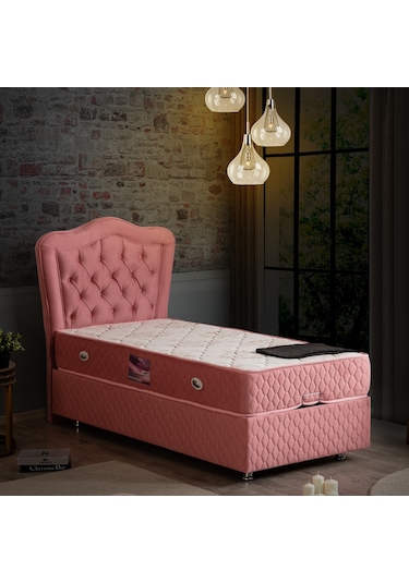 Setaymobilya Baza, Camelli Pembe Tek Kişilik Baza + Başlık + Ortopedik Yatak