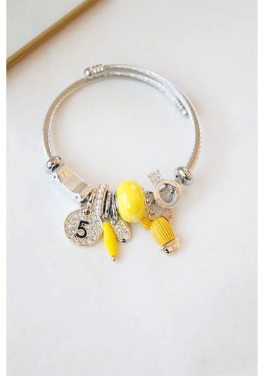 Çelik Charmlı Kaktüs Bilezik - Sarı Çok Renkli