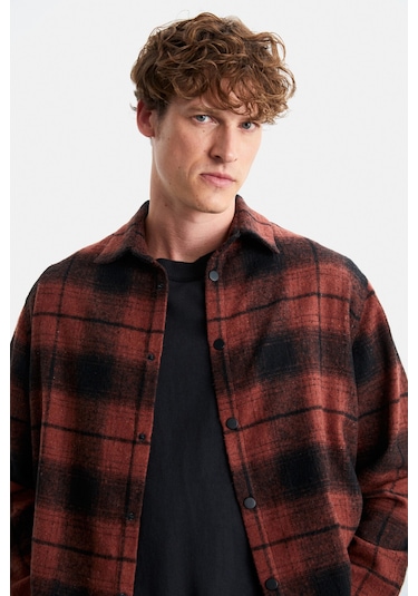 Sımonı Erkek Oduncu Gömlek Kalın Dokulu Çıtçıtlı Oversize Ceket Tipi Kiremit Rengi Gömlek