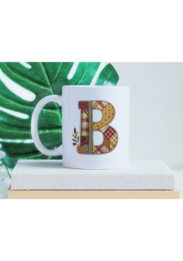 B Harfi Sonbahar Kış Temalı Yamalı Tasarım Kupa Bardak - Etnik Ve Pathwork Severlere Özel Hediye Beyaz