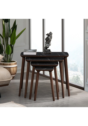 Vovvahome Luci 4lü Dörtlü Mdf Ahşap Zigon Sehpa - Siyah Mermer