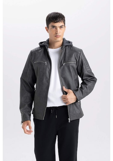 DeFacto Slim Fit Suni Deri Mont Dar Kesim Kapüşonlu Fermuarlı R2523AZ25SPAR110