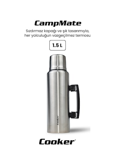 Cooker Ckr2084 Campmate 1.5 L Paslanmaz Çelik Termos Çift Kat Vakumlu, Sızdırmaz Kapaklı, 24 Saat Sıcak 48 Saat Soğuk Kamp, Outdoor, Piknik, Ofis, Otel, Kafe, Okul, Seyahat Gümüş Gümüş