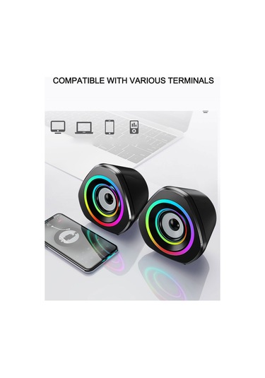 Lemestar V-119 Güncellenmiş Siyah Beyaz Rgb Işıklı Masaüstü Hoparlör - 3w Güçlü Ses, 3.5mm + Usb, Mini Taşınabilir, 2.0 Kanal, Çift Manyetik Hoparlör