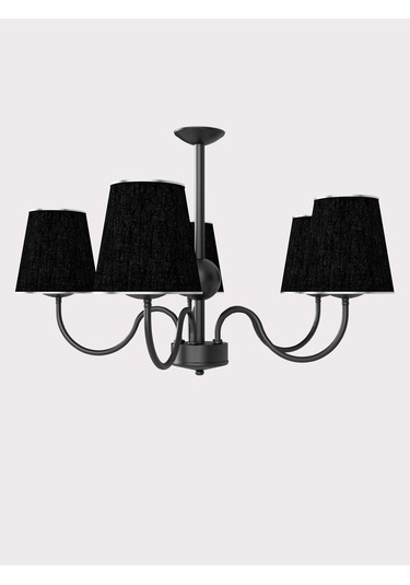 Deluna 5li Siyah Modern Konik Abajur Şapkalı Metal Avize