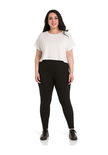 Büyük Beden Fitilli Beli Lastikli Bilekte Siyah Bayan Tayt