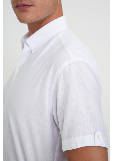 Comfort Fit Düğme Yaka Kısa Kol %100 Keten Düz Beyaz Gömlek G 1596 Beyaz