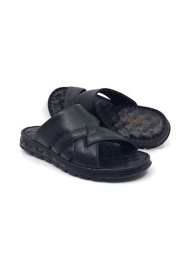 Taşpınar %100 Hakiki Deri Ortopedik Erkek Yazlık Rahat Terlik 40-45 Siyah