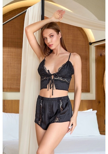 Modadua Aqua 25590 Kadın Dantelli Şort Takım Siyah