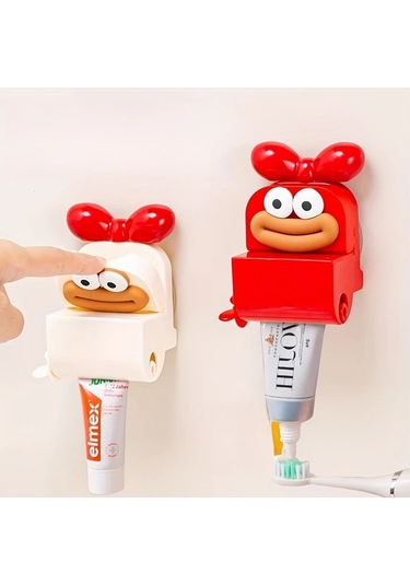 Elmpaly Kırmızı Renkli Manuel Duvar Askılı Otomatik Diş Macunu Dağıtıcı - Dayanıklı Plastik Aile Kullanımı İçin Yaratıcı Tembel İnsan Aleti 1