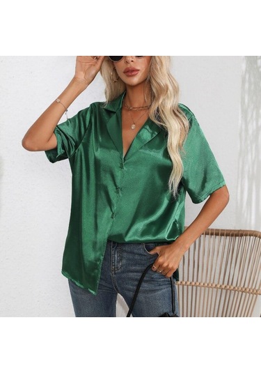 Kısa Kollu Gömlek Yaz Katı Saten Ipek Gömlek Düğme Yukarı Bluz Gevşek Ofis Kadın Blusas Casual Gömlek Tops Zarif 26107 Siyah